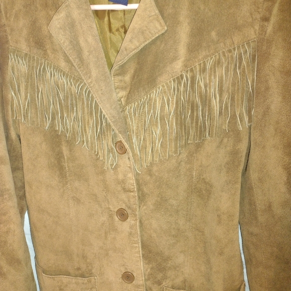 SOLD women's denim and co 100% leather shell fringe tan jacket button up small - Picture 5 of 11